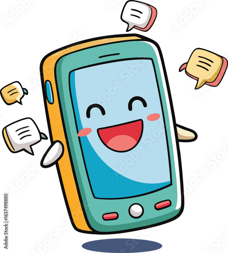 Happy cartoon smartphone character with speech bubbles communicating joyfully