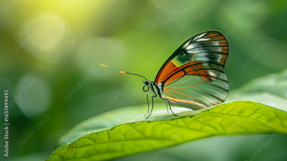 Obraz premium Transparent wing butterfly - Greta oto. Female transparent winged butterfly resting on a green leaf deposing her eggs in a butterflies farm keyword