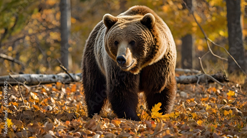 Wallpaper Mural In the golden light of autumn, a grizzly bear forages among fallen acorns and dry leaves Torontodigital.ca