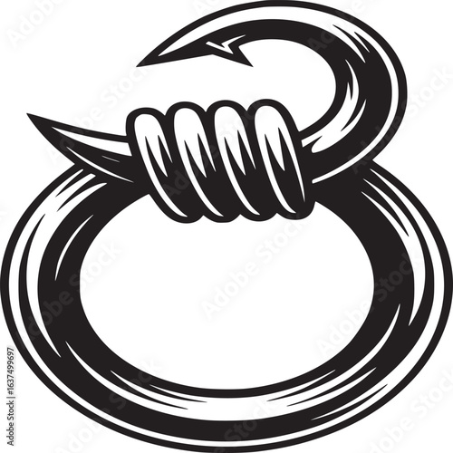 A stylized black and white illustration of a hook wrapped around a ring on a white background