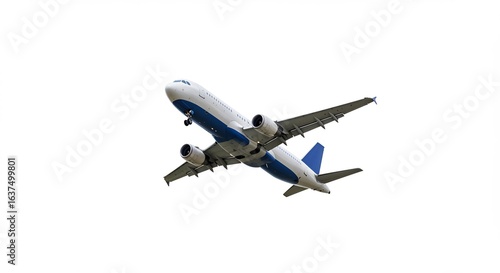 白い背景に輝く旅客機、滑らかに上昇する姿. AI Generated