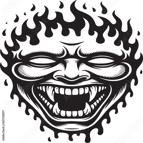 Black and white drawing of a demonic face with flames and sharp teeth on a white background