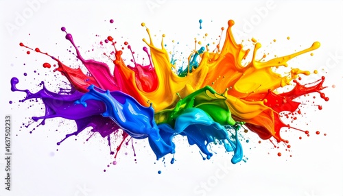 Vibrant paint splashes in rainbow colors against a white canvas, artistic energy with dynamic motion