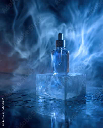 Wallpaper Mural Clear glass dropper bottle sits atop block of ice, surrounded by swirling blue mist and smoke. ethereal atmosphere creates sense of tranquility and freshness, perfect for skincare or essential Torontodigital.ca