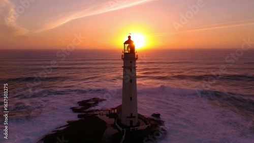 Lighthouse on Rocky Coast at Sunset with Dramatic Sky and Crashing Waves — 4K HD Video Footage Download, Cinematic Atmospheric Golden Hour, Photorealistic