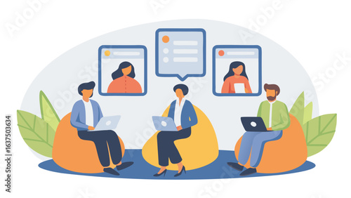People in a virtual meeting with laptops sitting on beanbags with screens showing participants and message