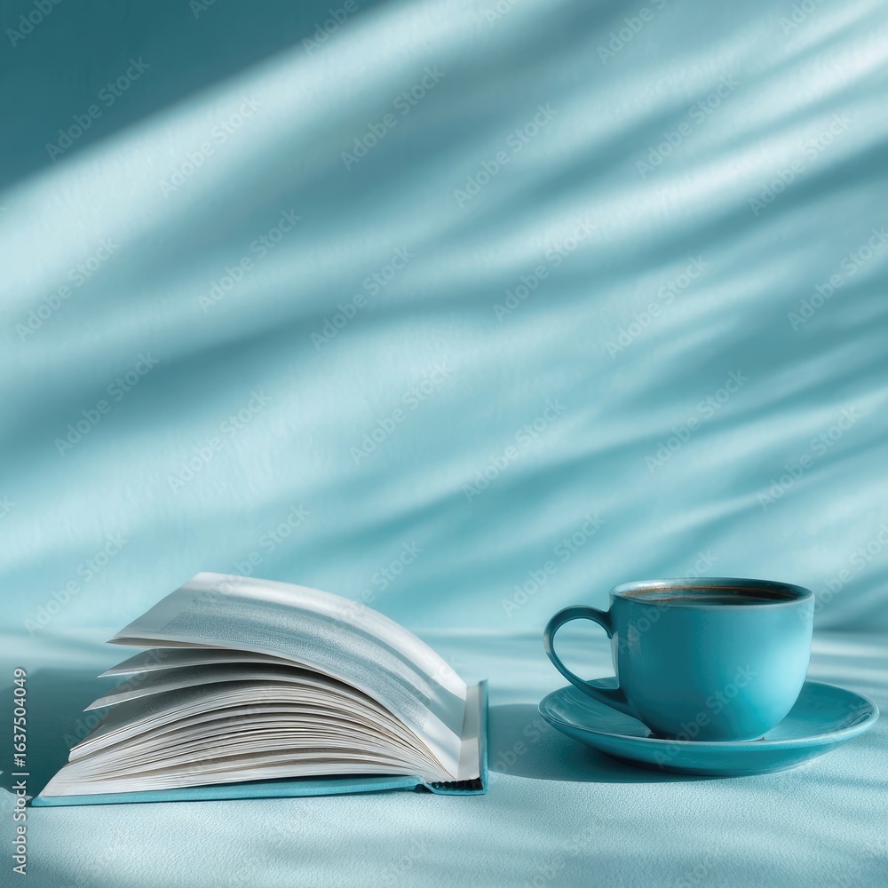 Naklejka premium Open book and teal cup on light teal fabric, sunlit shadows