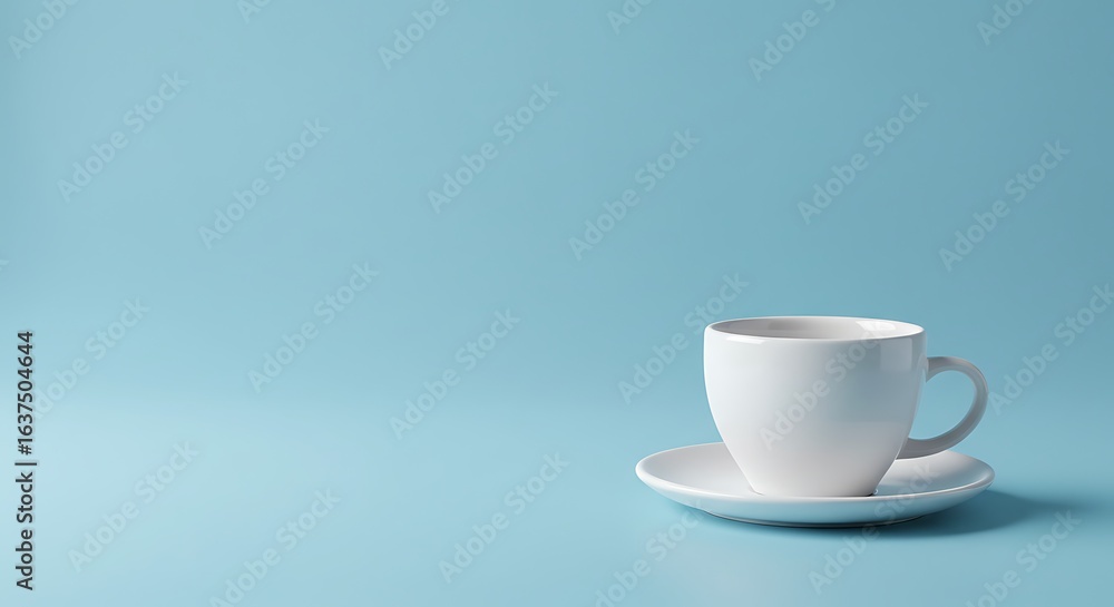 Obraz premium White Coffee Cup on Saucer with Blue Background for Morning Drink Concept