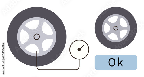 Car tire connected to pressure gauge showing safe air level and confirmation with an Ok label. Ideal for safety, maintenance, transportation, efficiency, care, mechanics, driving. Simple flat