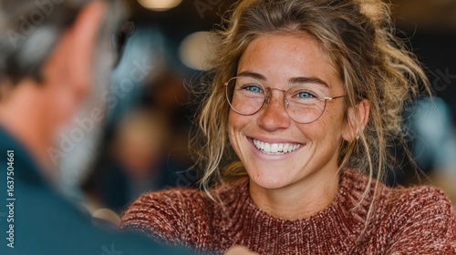 Fototapeta Naklejka Na Ścianę i Meble -  Handshake of a happy young business woman and business man at an office meeting. Female HR bank manager, financial advisor handshaking a recruit, greeting a client. Hiring at a job interview