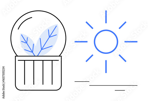 Minimalist glass container with leaf, bright sun next to it. Ideal for sustainability, ecology, growth, innovation, renewable energy, clean environment future. Simple flat metaphor