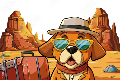  happy dog straw hat dog with sunglasses pet vacation, travel with pets, summer holiday , suitcase and dog, cute dog travel, pet lifestyle, vacation concept
