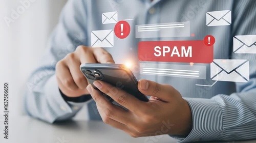 Person using a smartphone encounters spam mail Digital messages and a red warning icon appear above the screen A red button says spam