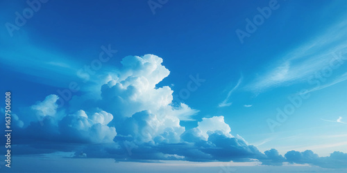 A vibrant blue sky with fluffy white cumulus clouds scattered across the horizon and bright, sunny day with a rich blue backdrop and clusters of white, puffy clouds.