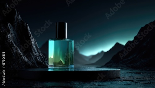 Dark, moody perfume bottle display on a podium amidst rugged mountains