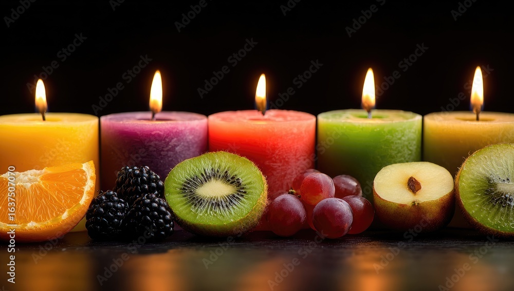 Obraz premium Colorful candles with fruit accents on dark background
