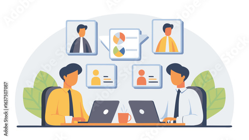 Two people in a virtual meeting with a chart and contact information displayed on the screen at the back