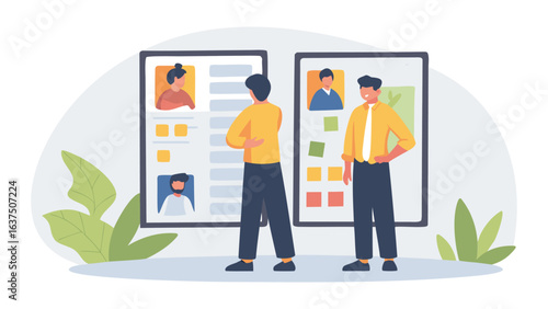 Two men reviewing candidate profiles on boards with photos and summary information for a job search process
