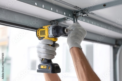 Hands in white gloves use a cordless drill to install or repair a garage door mechanism