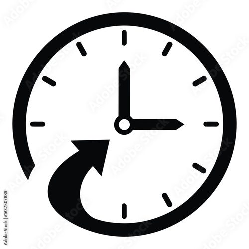Art of clock with arrow isolated on white background representing history, past, time, and deadlines in a simple and clean black and white design