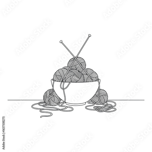 Art of a bowl full of yarn balls with knitting needles isolated on white background in a simple line art style for crafting projects