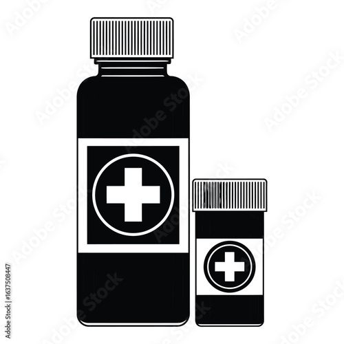 Art of black and white medicine bottles with cross symbol isolated on white background, ideal for healthcare and pharmaceutical designs