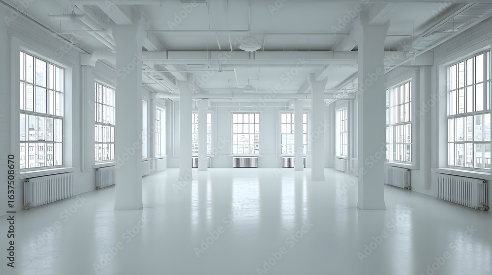 Fototapeta premium Empty, bright interior space with large windows.