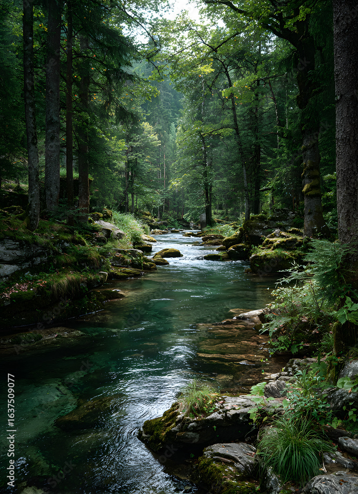 Obraz premium River deep in mountain forest