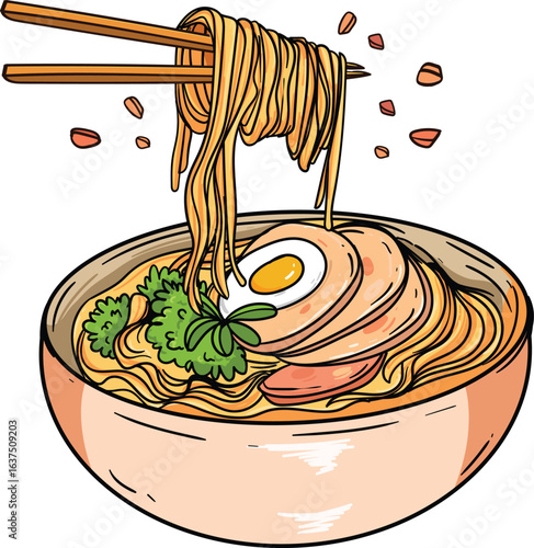 vector illustration of a ramen bowl with sausages and boiled eggs