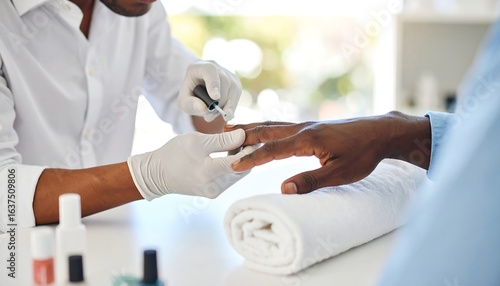 Close-up of a manicurist working on a client's nails