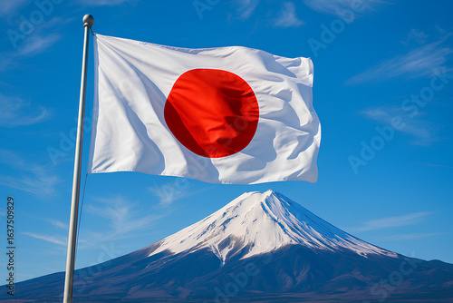 The Japanese flag waves with Mount Fuji in the background.