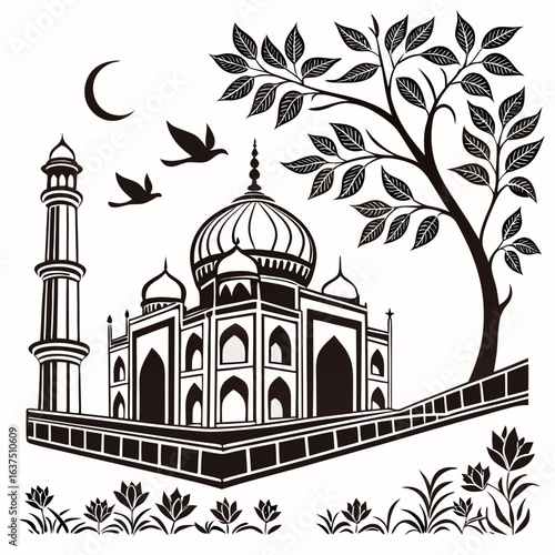 An illustration of the taj mahal with birds and a moon, isolated on white background