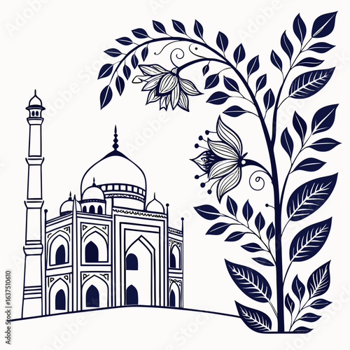An intricate illustration of the taj mahal with floral elements, showcasing indian architecture and cultural heritage isolated on white background