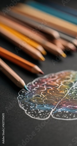Colored pencils arranged beside a rainbow-shaded brain drawing on dark paper