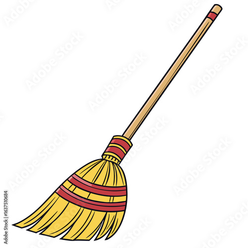 Cartoon broom with yellow straw and red stripes isolated on white background for cleaning and sweeping