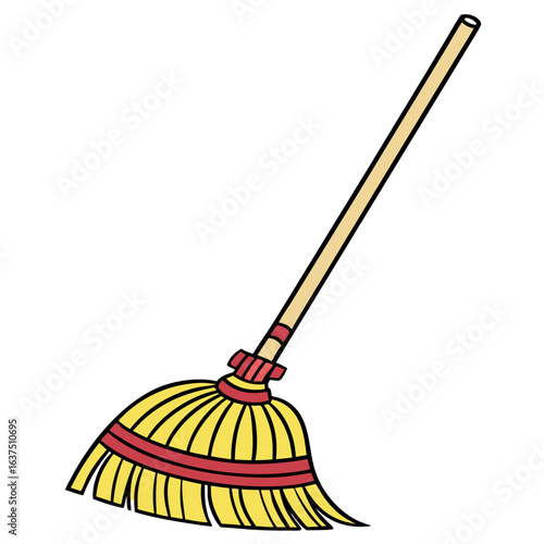Classic yellow broom with red accents isolated on white background, a timeless symbol of cleanliness and household maintenance