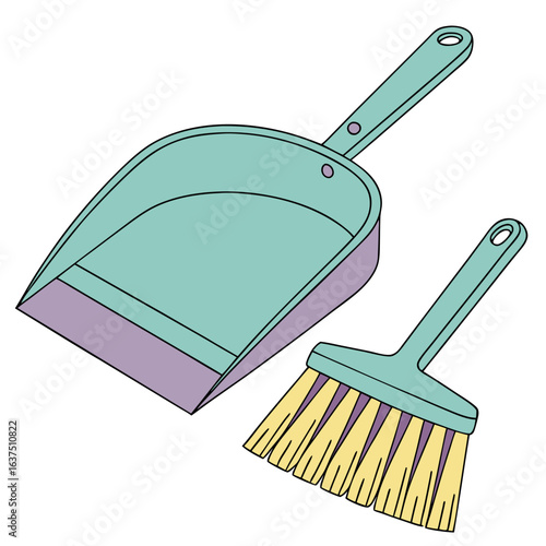 Illustration of a blue dustpan and yellow brush, cleaning tools isolated on white background for domestic use and housekeeping
