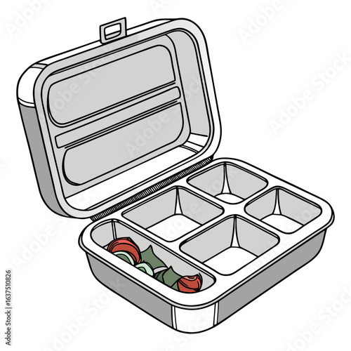 Open bento lunchbox with compartments and some salad, isolated on white background, perfect for meal prepping and portion control