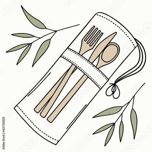 Ecofriendly bamboo cutlery set in a linen roll with olive green leaves, isolated on white background, promoting sustainable living