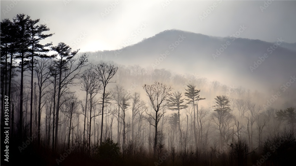 Fototapeta premium Foggy mountain landscape with barren trees.
