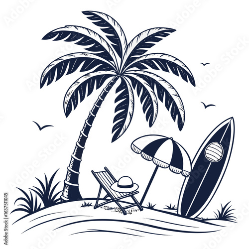 Illustration of a tropical beach scene with palm tree, surfboard, beach chair, and umbrella isolated on white background