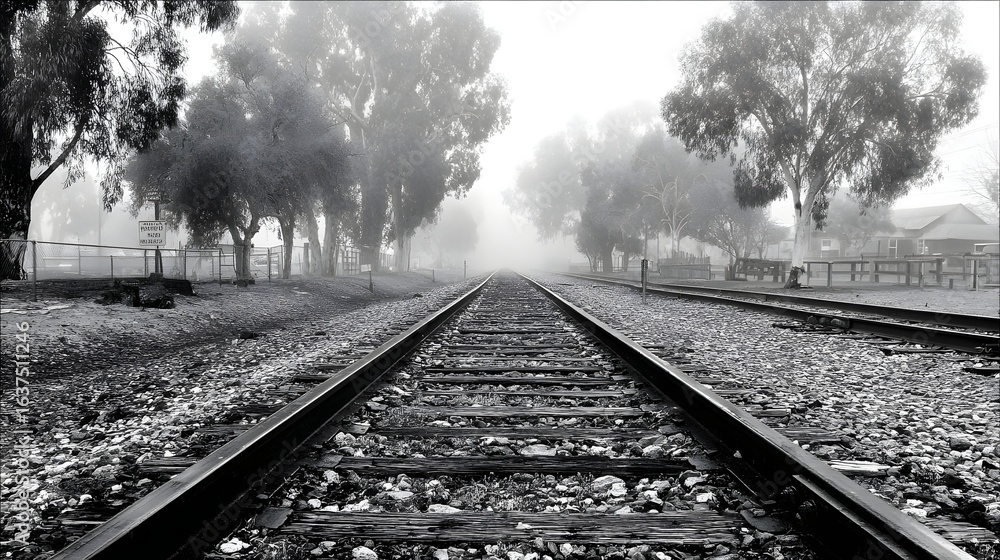 Fototapeta premium Foggy railroad tracks through a treeline.