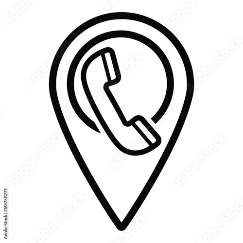 Art of a location pin with a phone icon isolated on white background, symbolizing contact, direction, and navigational assistance