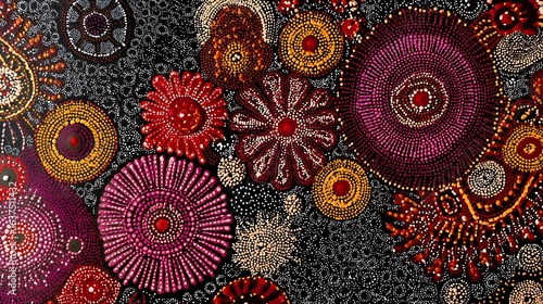 An intricate Australian Aboriginal tribal pattern, with detailed dots and lines forming beautiful, culturally significant designs.