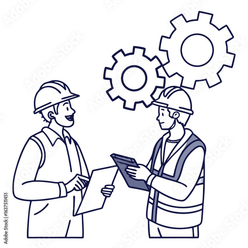 Two construction engineers discussing a project plan with gears isolated on white background
