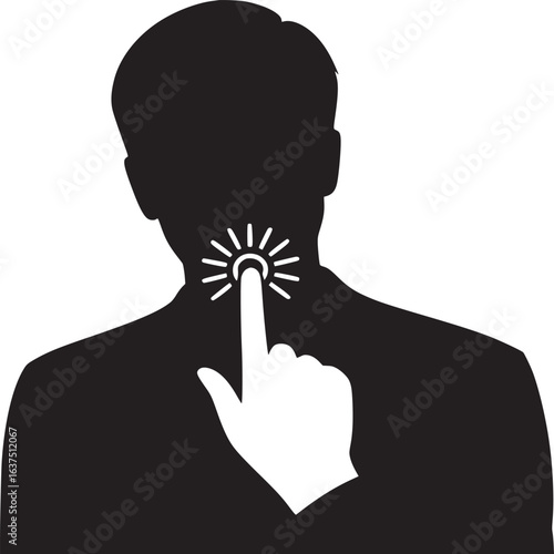 Silhouette of a person touching their neck with a finger in a black and white illustration art