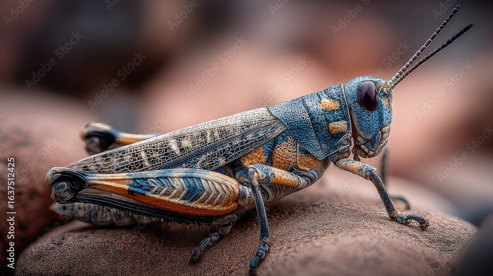 Fototapeta premium Macro of a grasshopper resting on a smooth rock