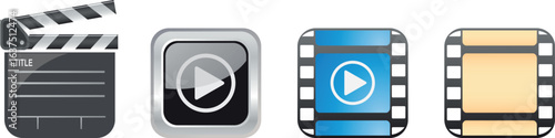 Video production icons set with camera clapboard and shooting symbols isolated on transparent background