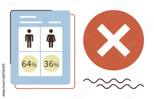 Blue document with gender ratio data, male 64 and female 36, red cross indicating rejection. Ideal for data rejection, demographics, analysis error, system feedback, report correction