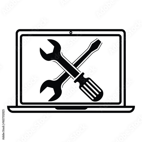 Art of laptop repair service with wrench and screwdriver isolated on white background for technology maintenance and technical support and hardware